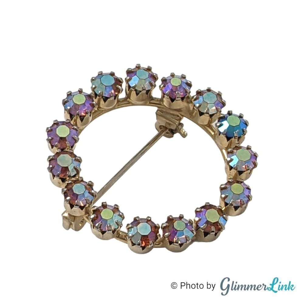 Vintage Aurora Borealis AB Rhinestones Infinity Circle Wreath Gold Tone Brooch